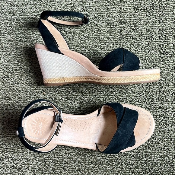 UGG | Nyssa Wedge Sandals with Ankle Strap | Black Suede | Size 7 - Picture 2 of 14